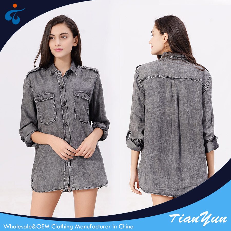 TY17191 Made in China wholesale Anti-Wrinkle Spring nice washed tencel ladies denim blouse
