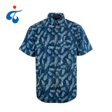 TY0412-1-1 Custom made short sleeve floral printed blue 100 cotton demin shirt for man