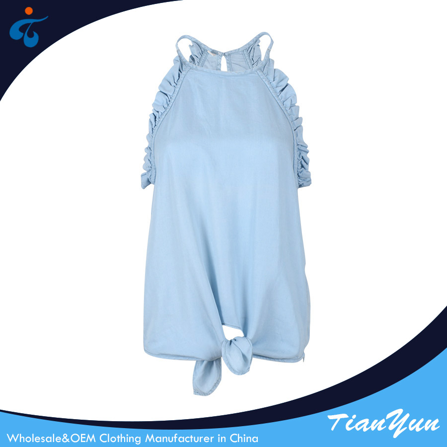 TY17102705 Manufactory wholesale cheap latest sleeveless denim ruffle tencel top for women