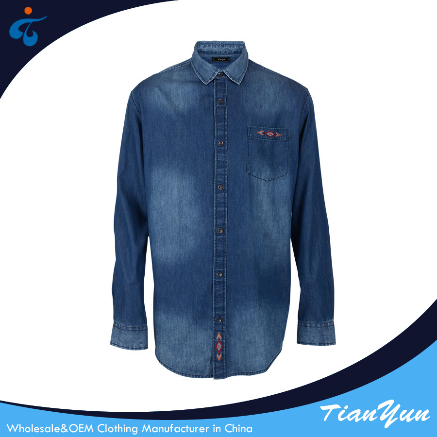 TY1709302 Trendy professional blue long sleeve washed cotton jeans shirt for men