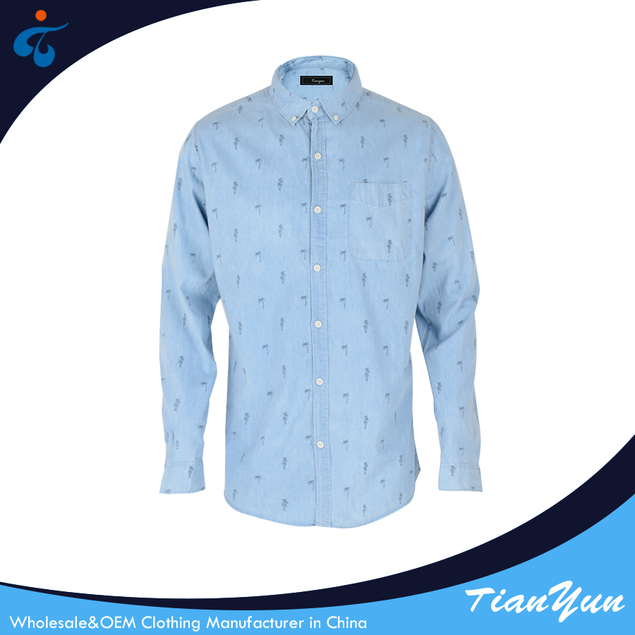 TY17121125 Bulk wholesale long sleeve sky blue printed denim funky shirts for men